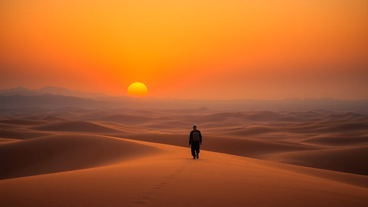 A solitary traveler walking through a vast, undulating desert landscape under a twilight sky, the horizon glowing with a deep amber gradient.