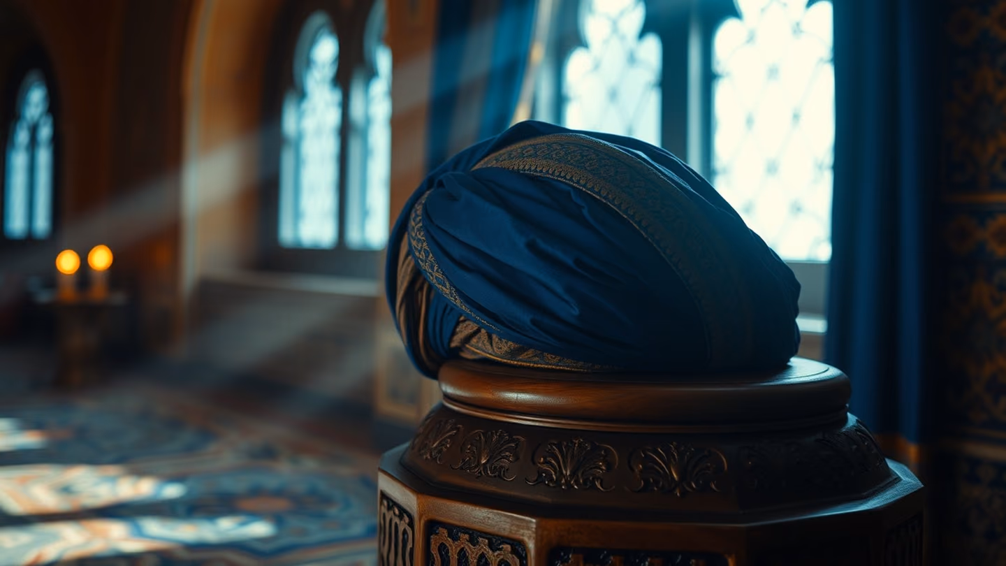 A close-up of a silken turban resting on a wooden footstool, representing humility, beside a window with filtered Persian blue light.