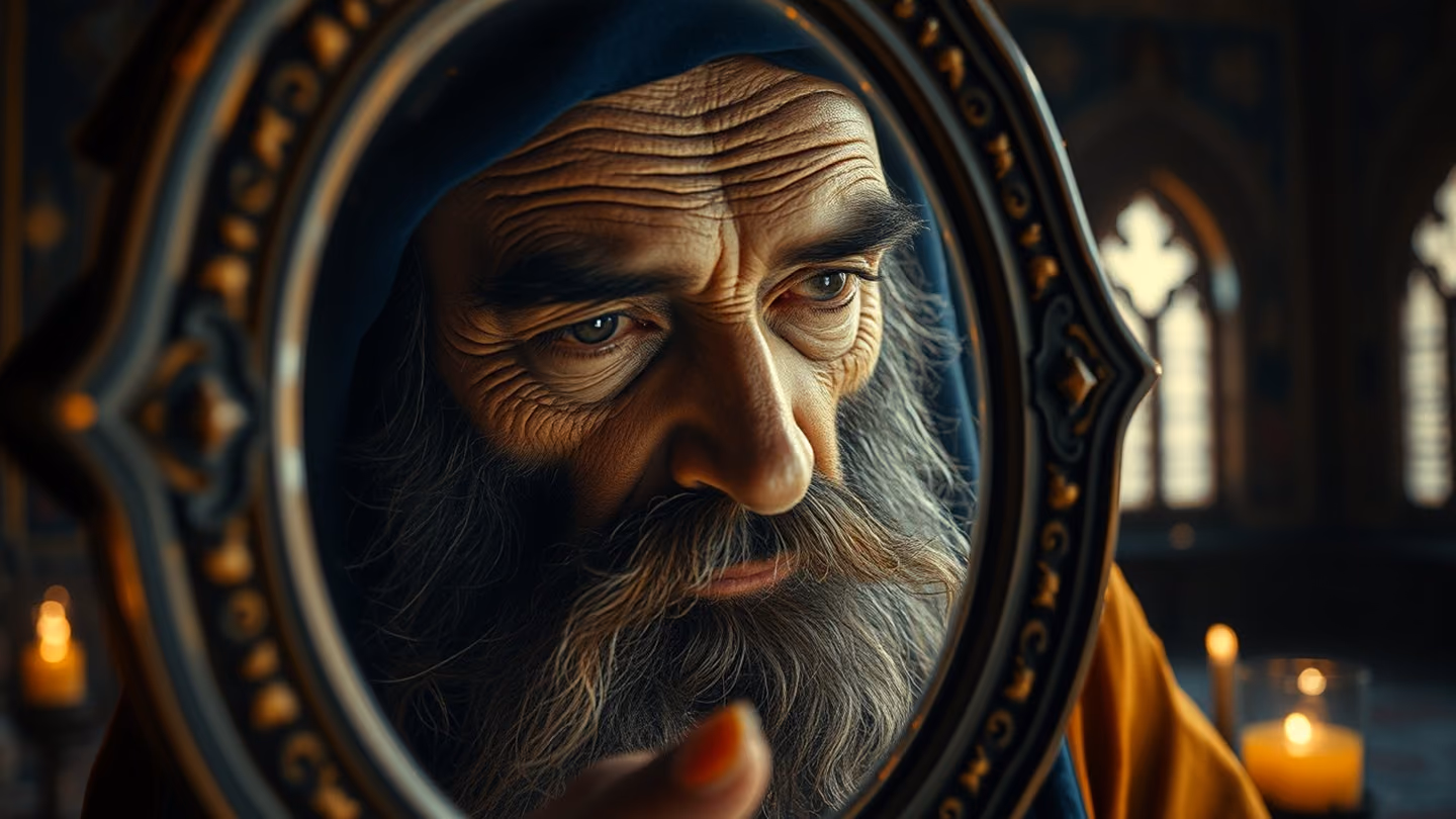 A weathered face of a Sufi dervish reflecting in a polished silver mirror, soft focus, surrounded by shadows and golden dust particles.