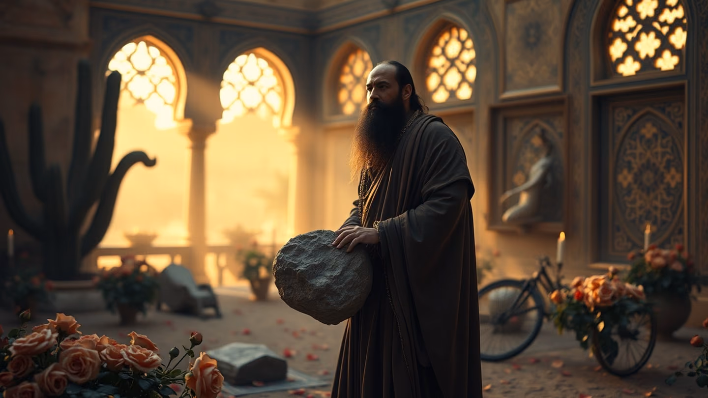 A stern ascetic figure standing in a desert garden, clutching a heavy stone, contrasts between hard textures and delicate rose petals.