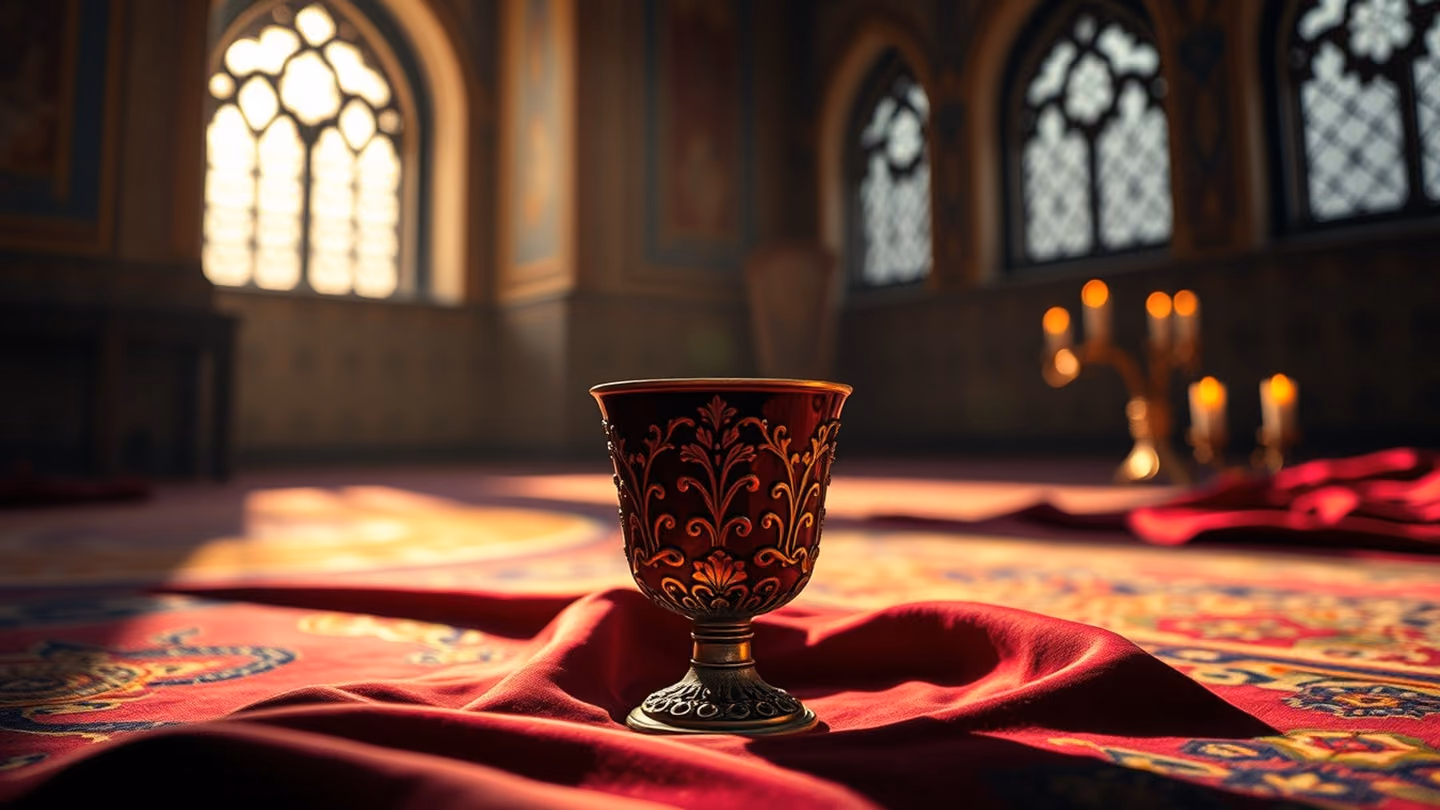An ornate silver goblet filled with deep crimson wine, sitting on a silk carpet, sunlight glinting off the metal, vibrant saturated colors.