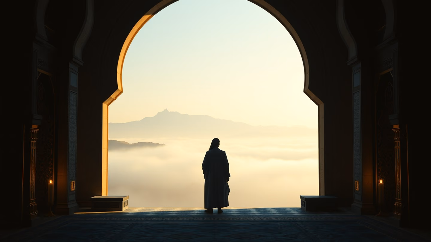 A silhouette of a figure standing before an open archway overlooking a vast, misty mountain range, representing the expanse beyond tradition.