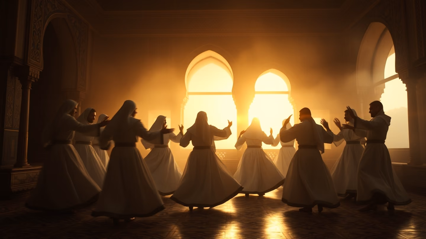 A circle of dervishes in flowing white robes dancing in a courtyard, motion blur, silhouettes against a warm sunset, cinematic depth.
