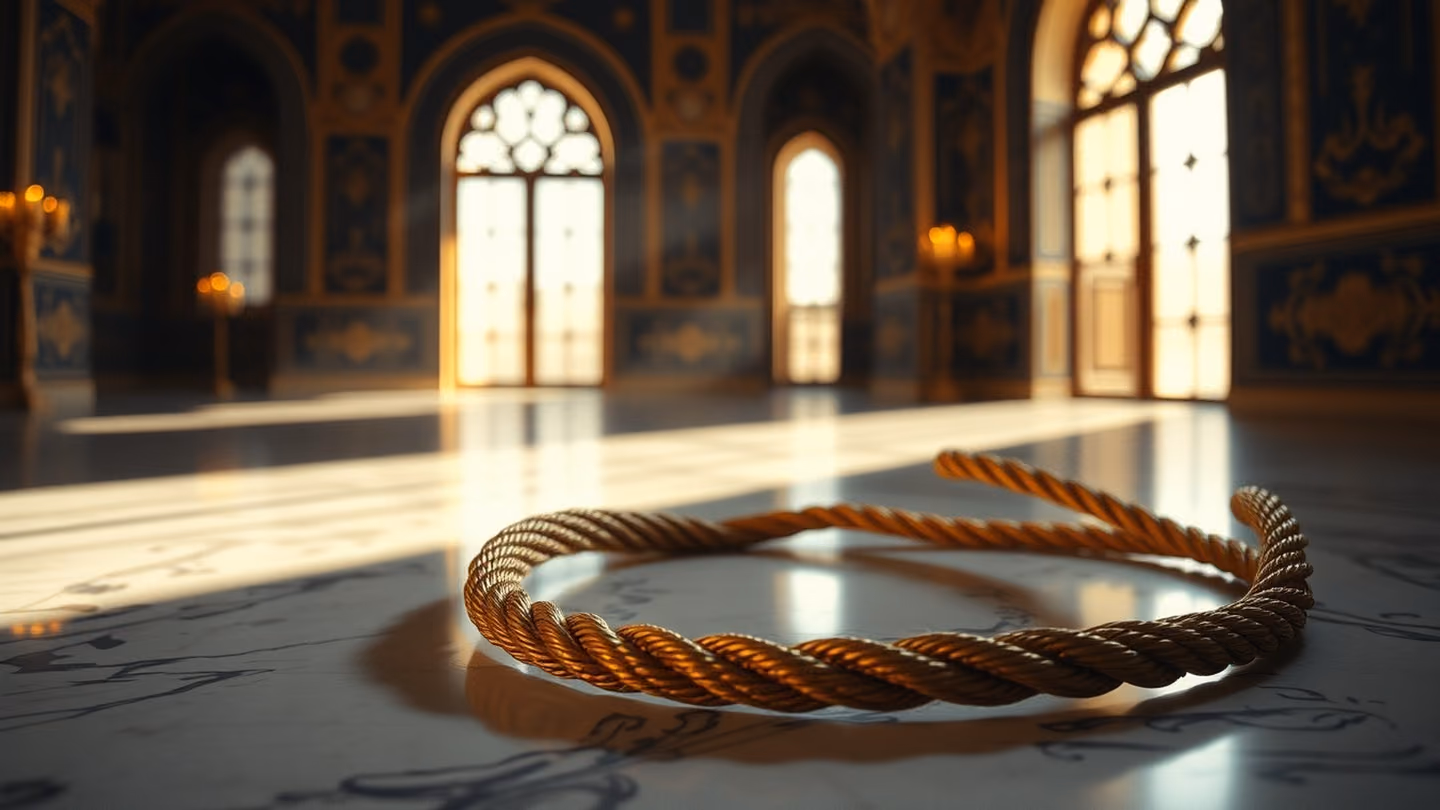 A golden rope coiled intricately on an ancient marble floor, symbolizing the 'noose of love', delicate lighting, high contrast.