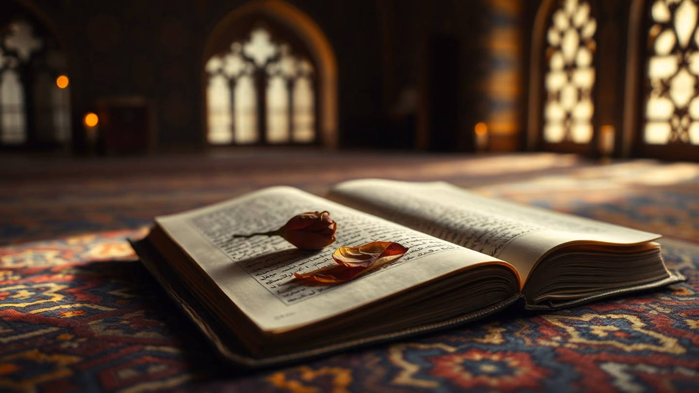 An aged manuscript lying on a patterned rug, a single dried rose petal resting on the page, soft warm spotlight from above, timeless intimacy.