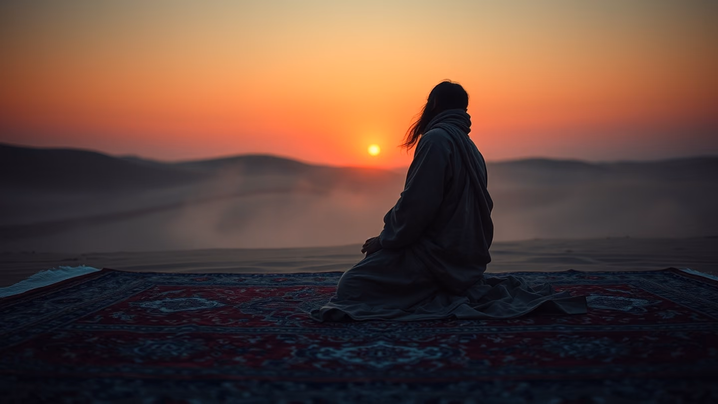 A lonely dervish in tattered silk robes kneeling on a Persian rug at twilight, weeping tears of crimson light, vast desert horizon behind him.