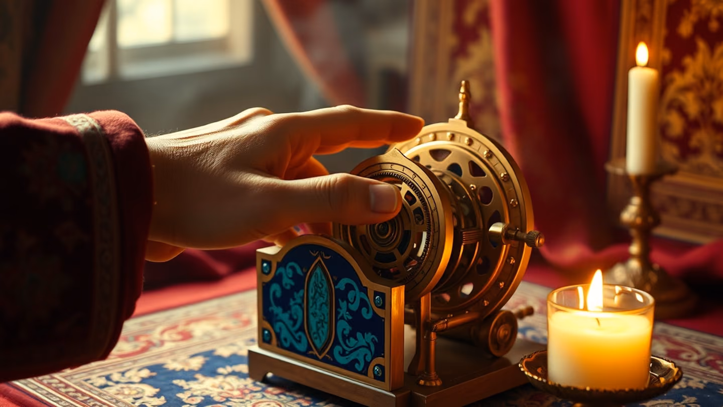 A scholar's hand hovering over a complex mechanical device made of burnished brass and inlaid turquoise, flickering candle nearby.