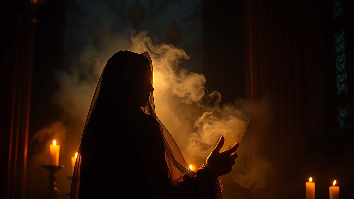 A celestial vision of a veiled beloved appearing in the smoky haze of a darkened room, shimmering with golden light.