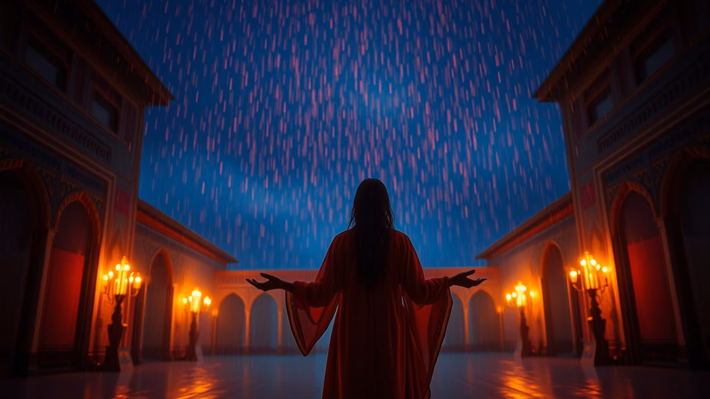 An ethereal figure standing in a courtyard, hands outstretched as rain falls like glowing red embers against a midnight blue sky.