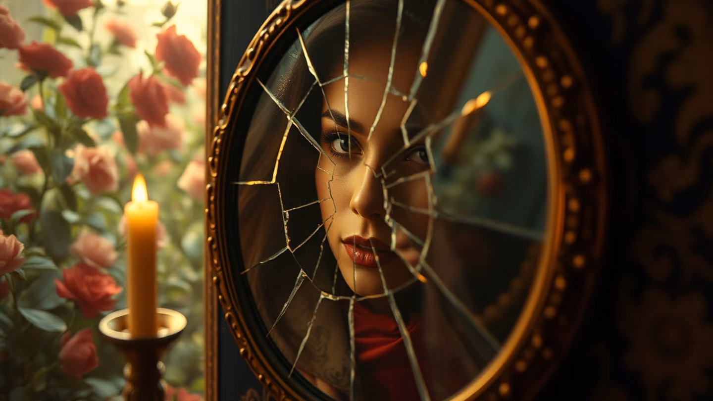A cracked mirror reflecting a face that merges with the patterns of a blooming garden, double exposure effect, soft diffused lighting.