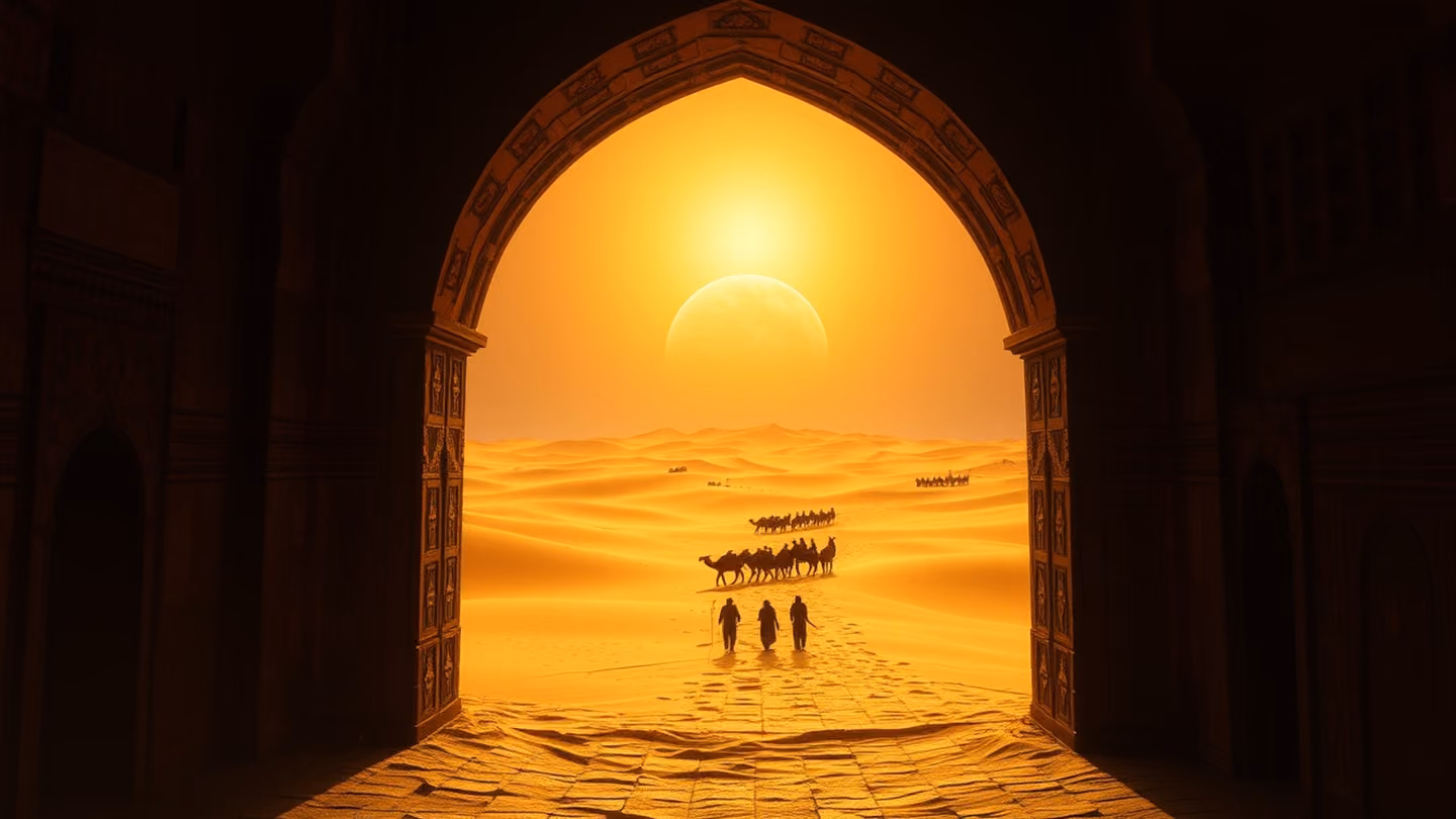 An ancient stone archway framing a distant caravan of travelers crossing a sea of golden sand under a massive burning sun.