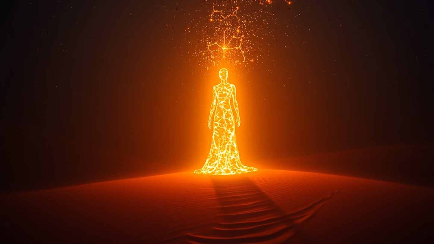 A luminous, spirit-like entity standing in a desert, body made of shifting constellations and starlight, casting a long shadow over the dunes.