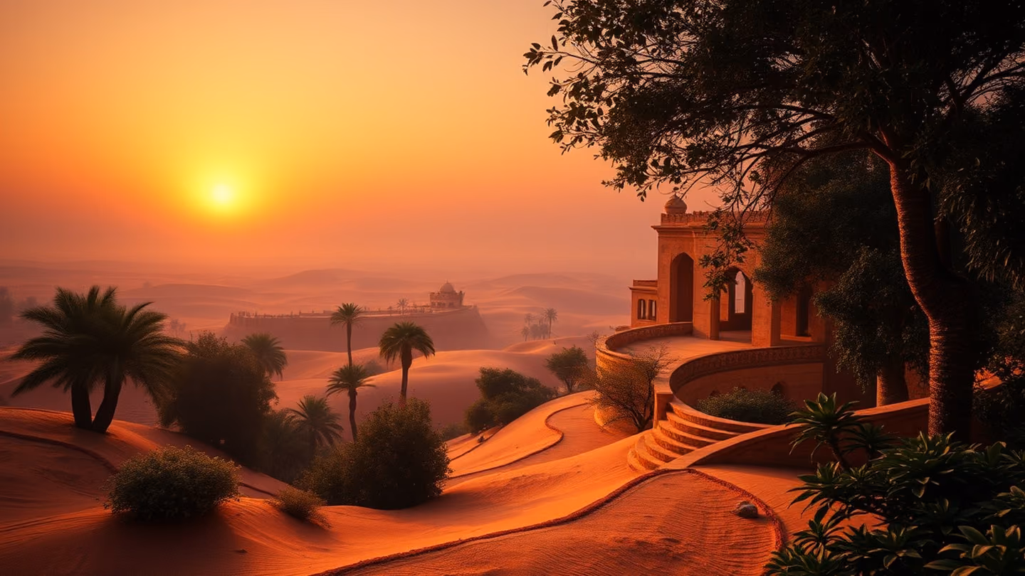 A final wide landscape shot of a lush paradise oasis hidden in the heart of a vast, dry desert at dawn, saturated colors, serene and infinite.