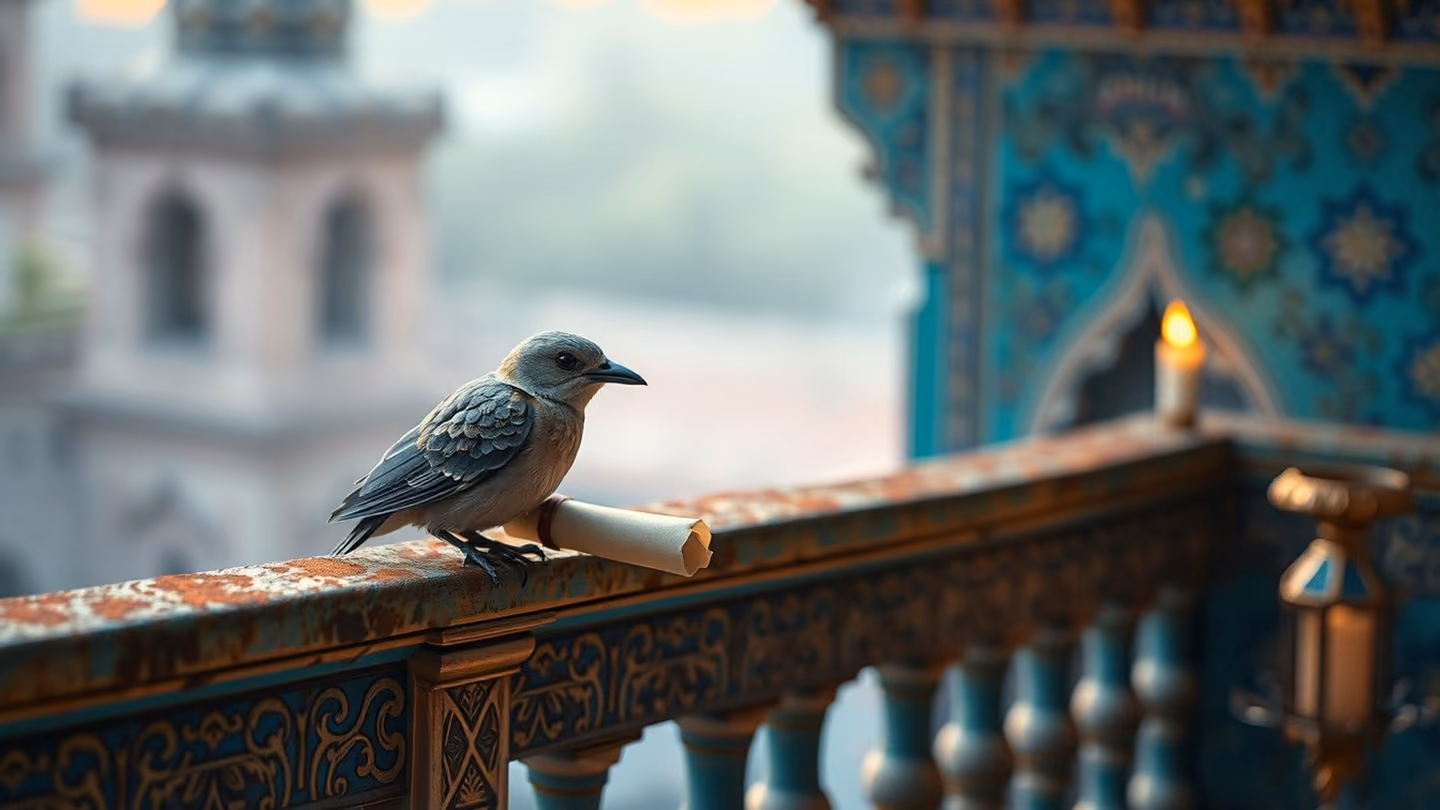 A weathered stone messenger bird perched on an ornate turquoise-tiled balcony, holding a small wax-sealed scroll in its beak, soft dawn light.