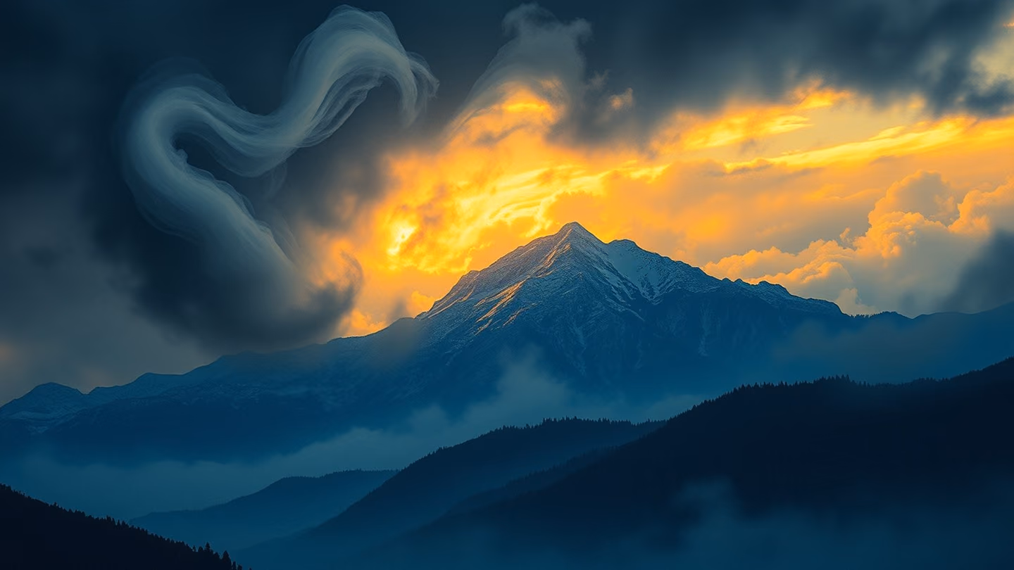 A swirling grey storm cloud dissipating over a distant mountain range, revealing a sliver of golden sunlight, sharp contrast between winter gloom and spring hope.
