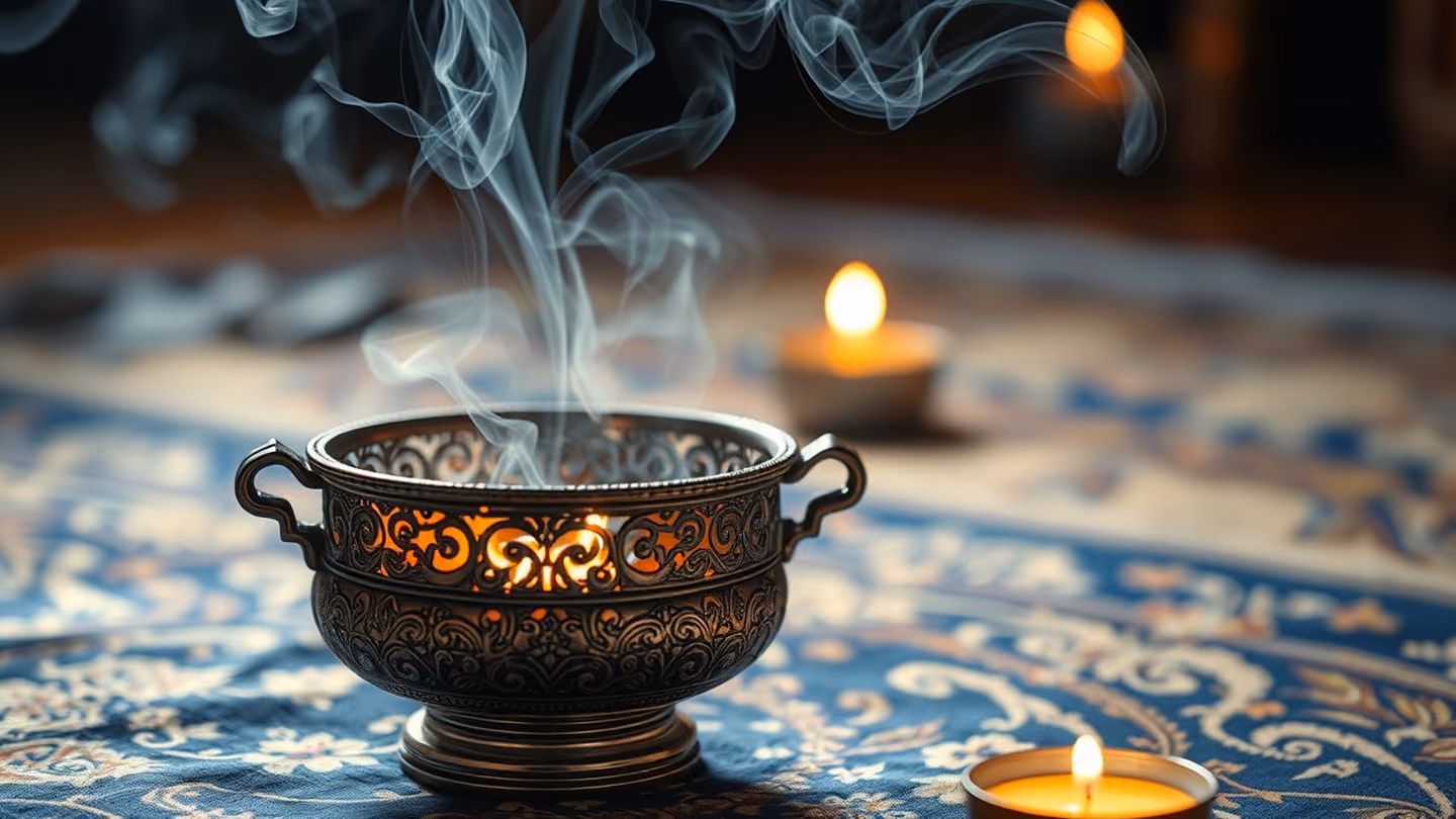 A silver incense burner sitting on a silk rug, wisps of fragrant smoke rising in intricate spirals, glowing embers visible inside, intimate close-up.