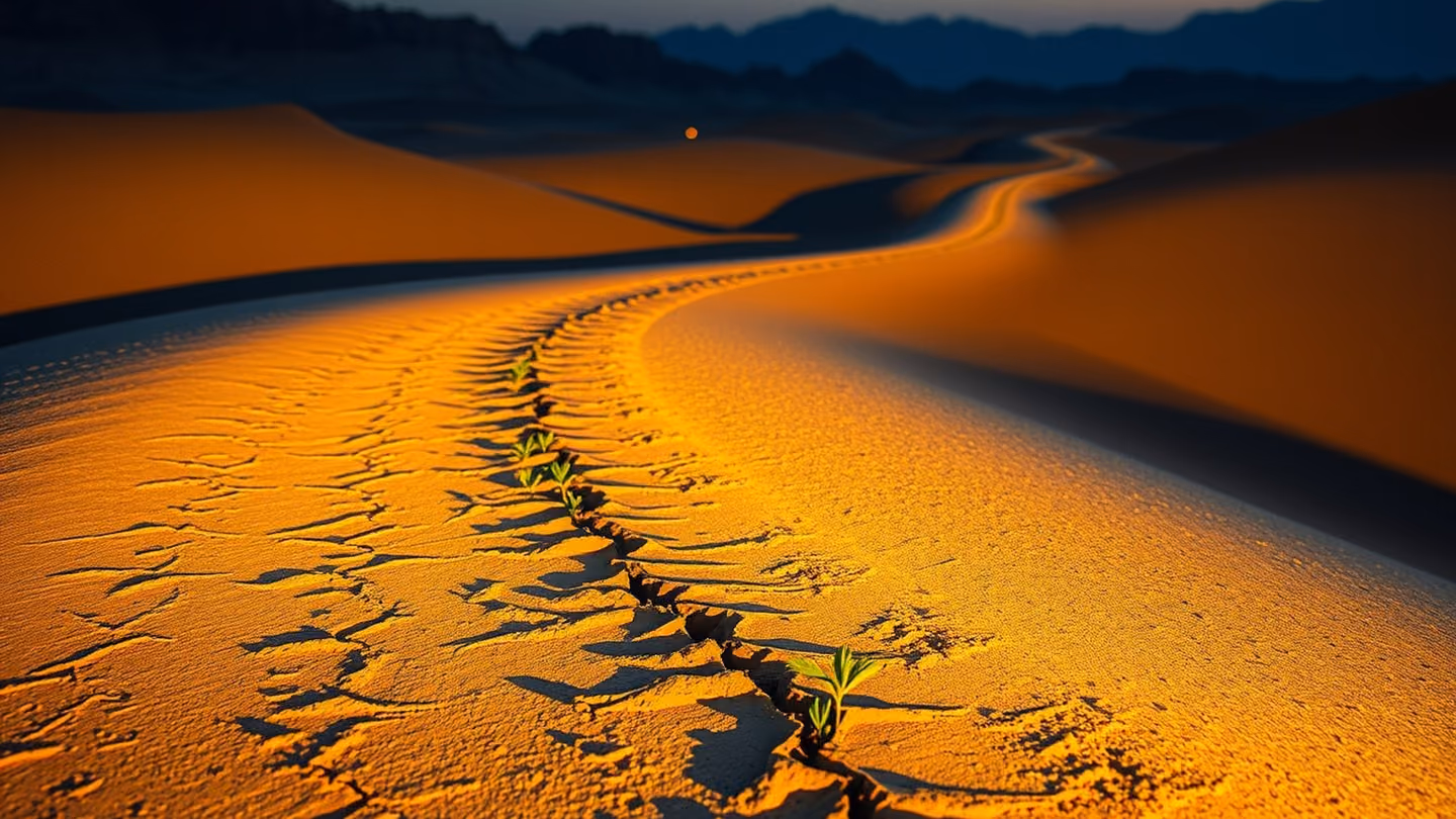 A desolate path winding through a desert landscape, the ground beginning to crack and sprout tiny green leaves, dramatic long shadows at dusk.