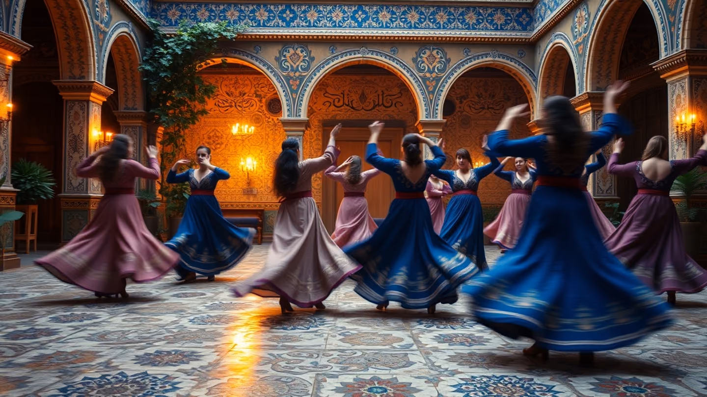 A group of dervishes in flowing robes dancing in a mosaic-tiled courtyard, their movements blurred to capture the rhythm of an ecstatic spring celebration.