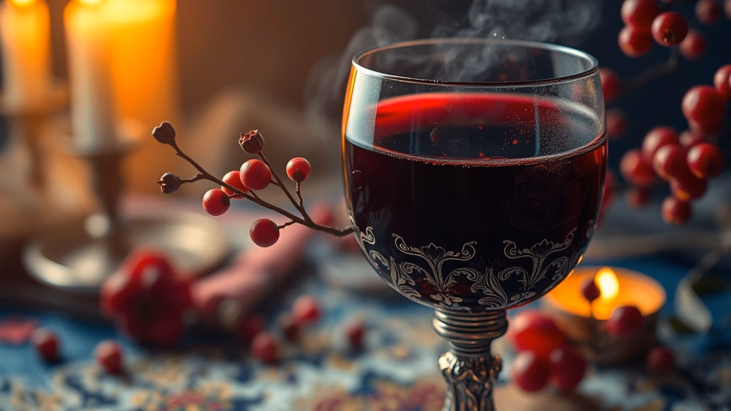 An ornate silver goblet filled with deep crimson wine, reflecting the candlelight and the silhouettes of blooming pomegranate branches.