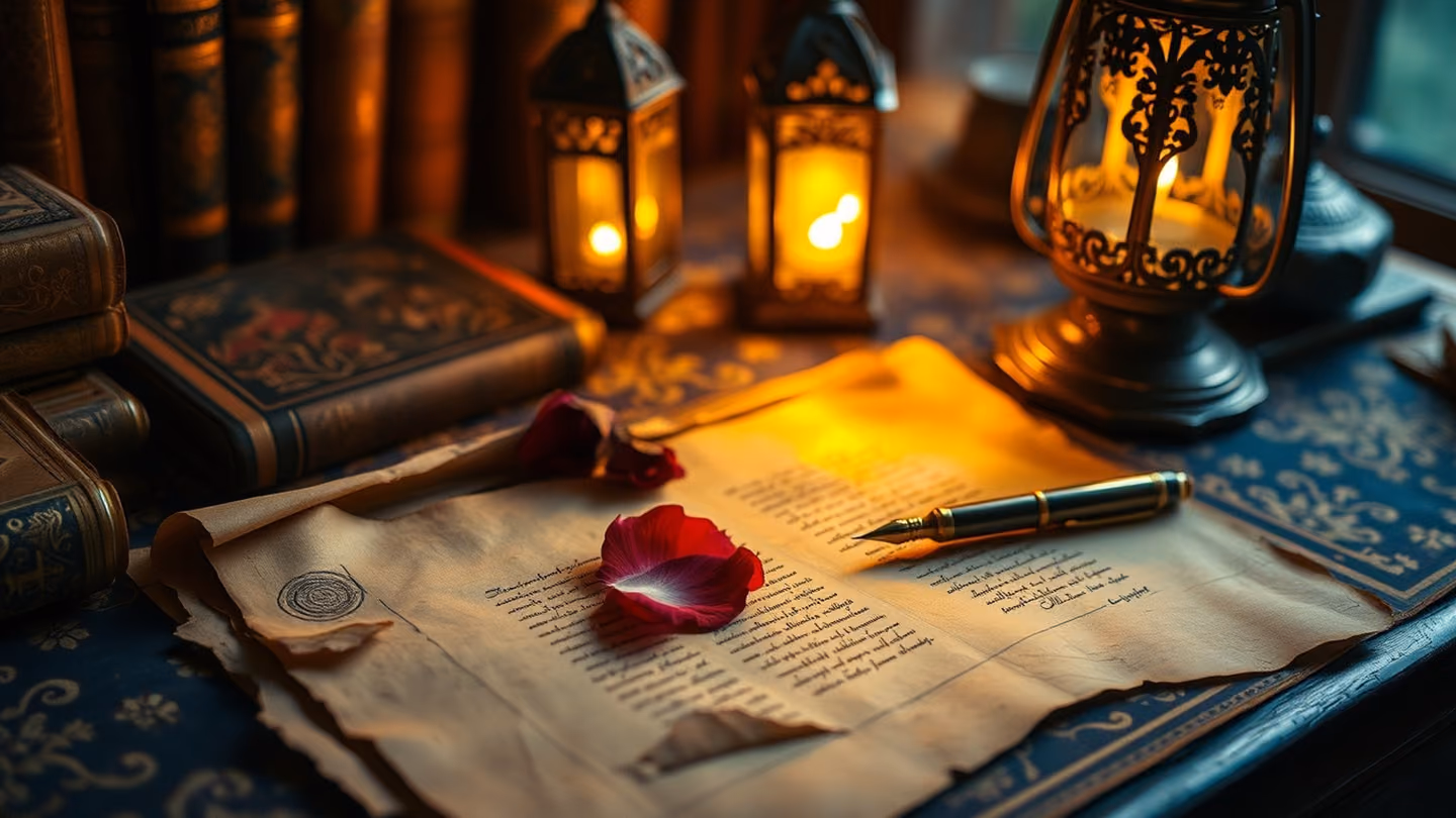 A scholar’s desk cluttered with aged parchment and a golden pen, a single rose petal resting on the paper, warm amber glow from a flickering lantern.