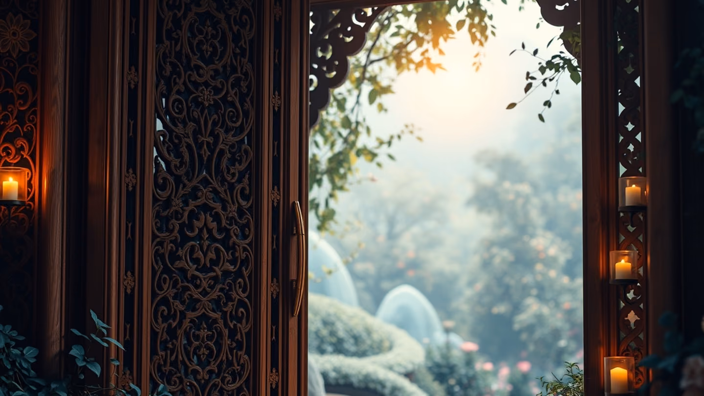 A majestic garden gate made of intricate cedar wood, slightly ajar, revealing a glimpse of a vibrant, sun-drenched orchard beyond.