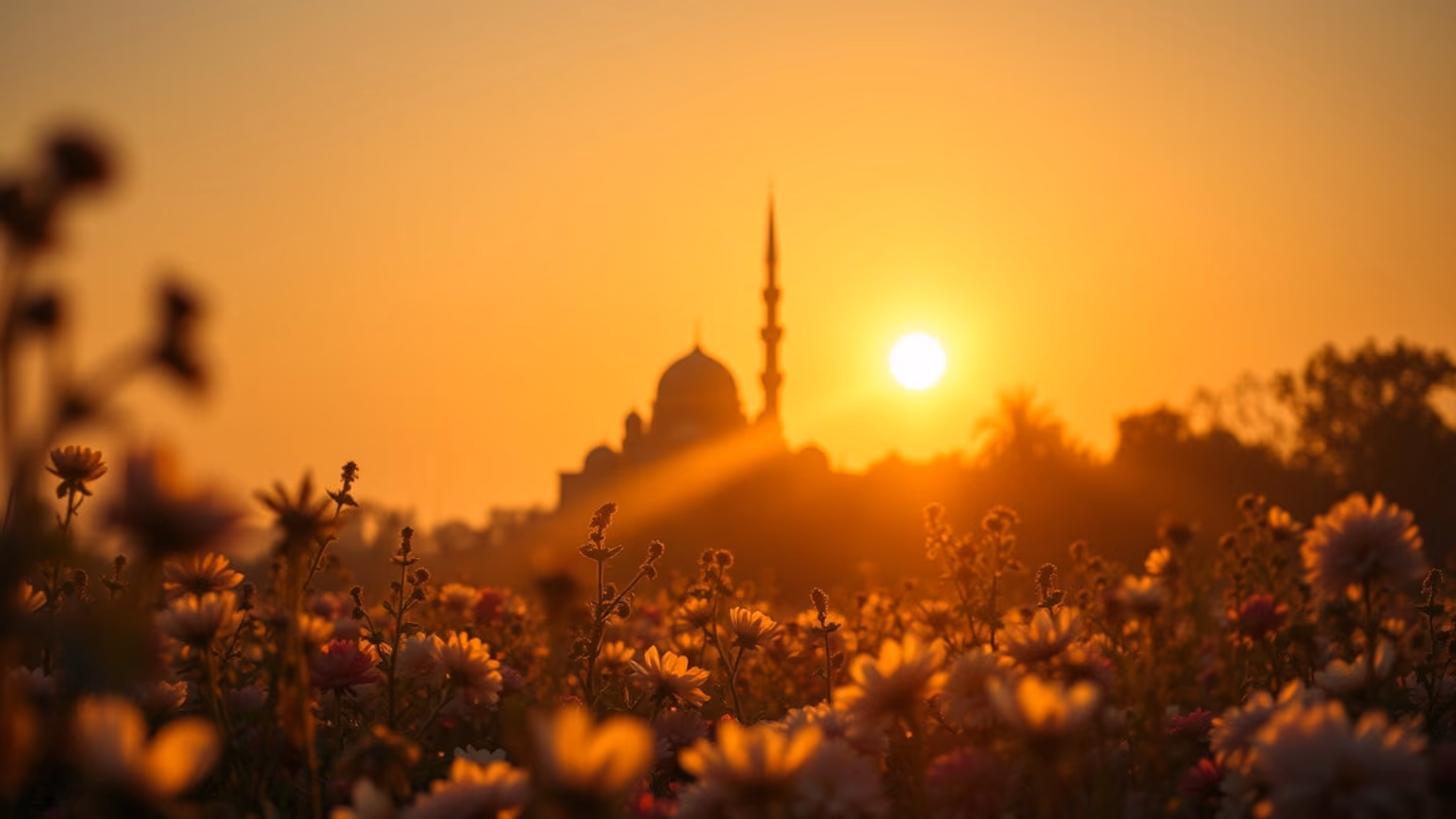 The sun setting behind a distant minaret, casting long golden beams across a sea of flowers, serene and timeless atmosphere.
