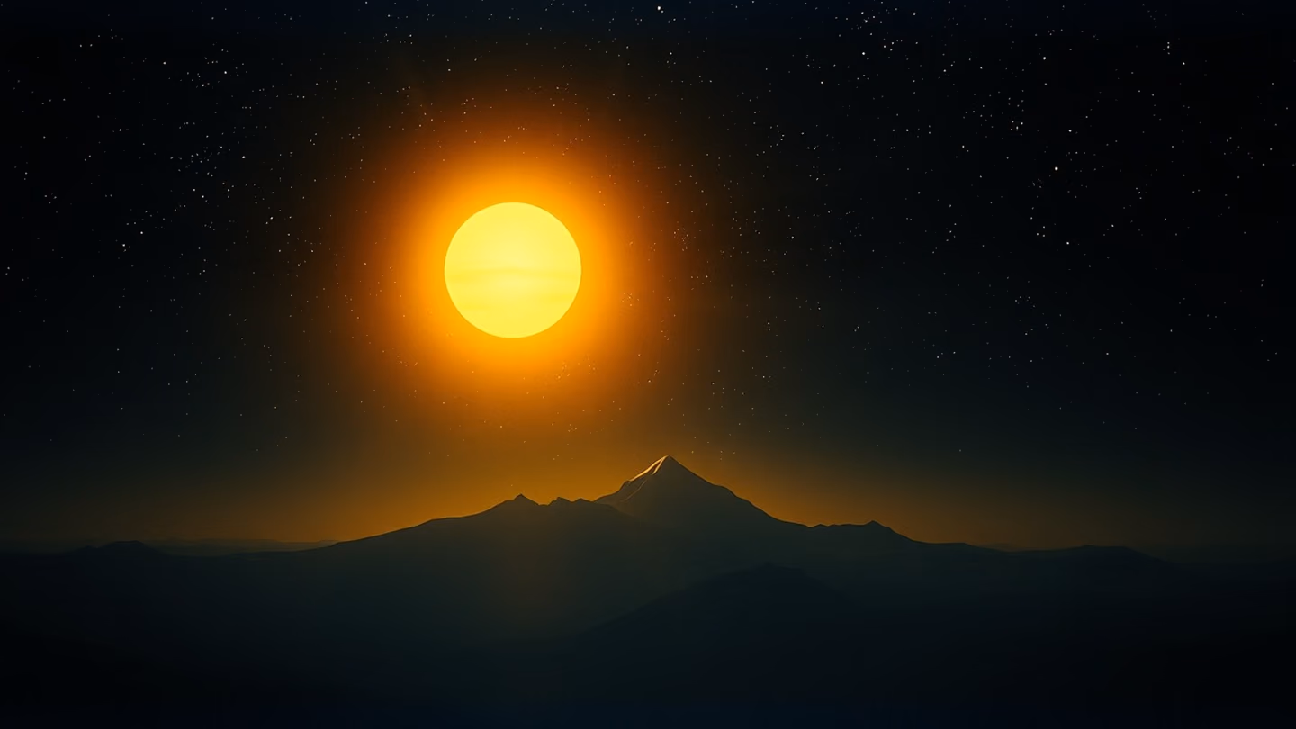 A golden sun-like orb radiating light within a dark, star-filled Persian sky above a silhouette of a mountain range.