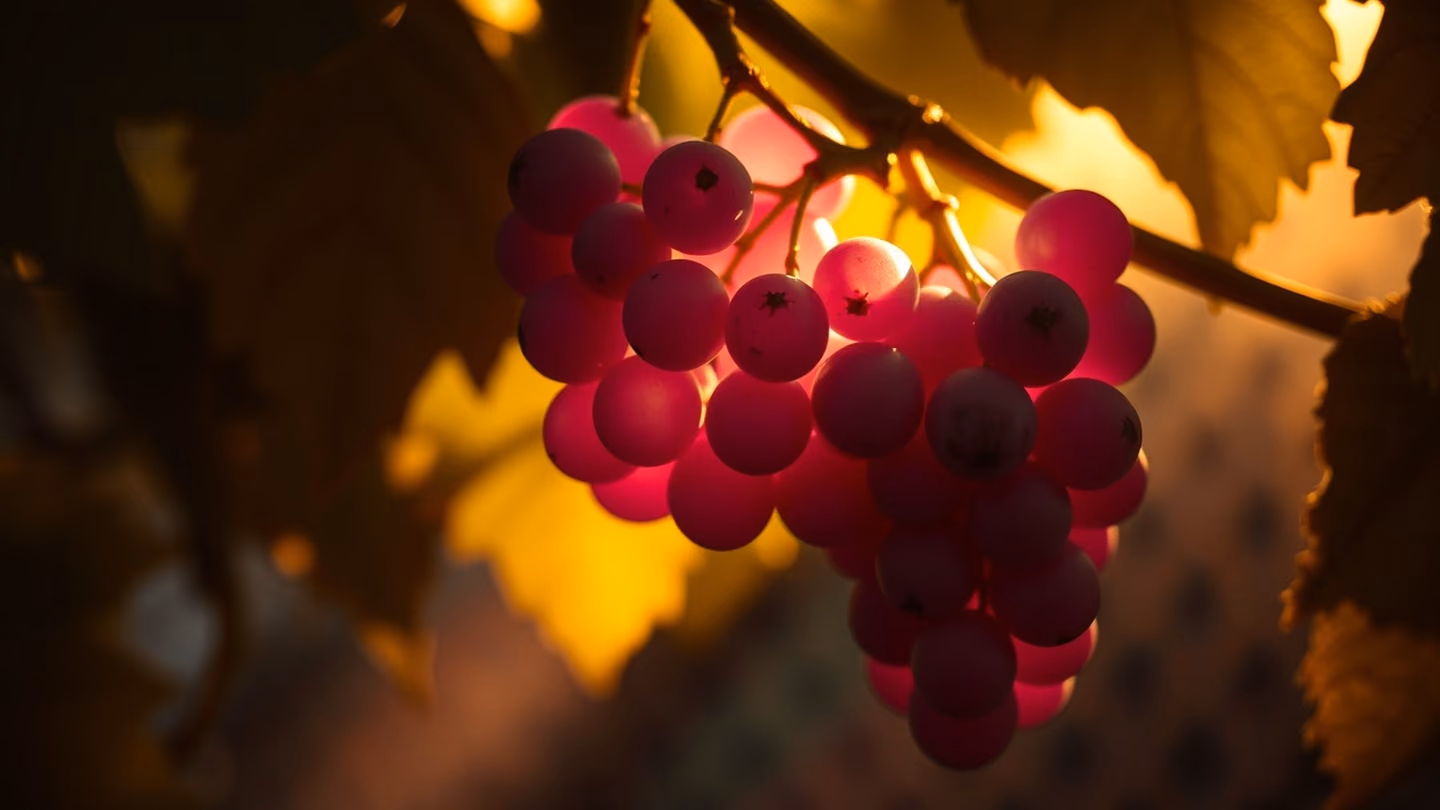 A cluster of translucent, glowing purple grapes on a vine, caught in a beam of warm morning light, soft painterly focus.