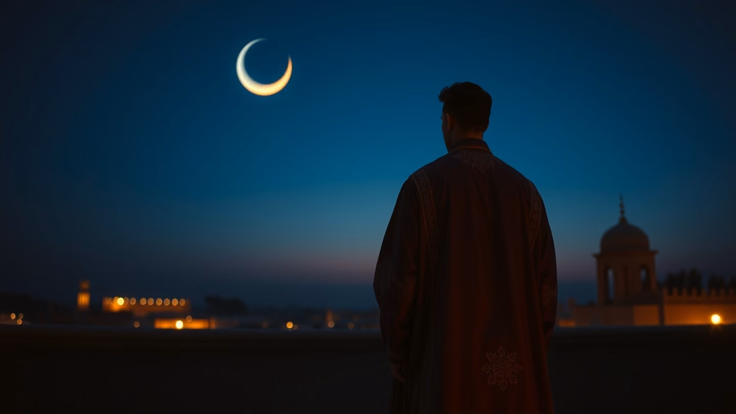 A handsome figure in traditional robes standing on a tiled rooftop at dusk, looking toward a crescent moon, silhouetted against a deep indigo sky.
