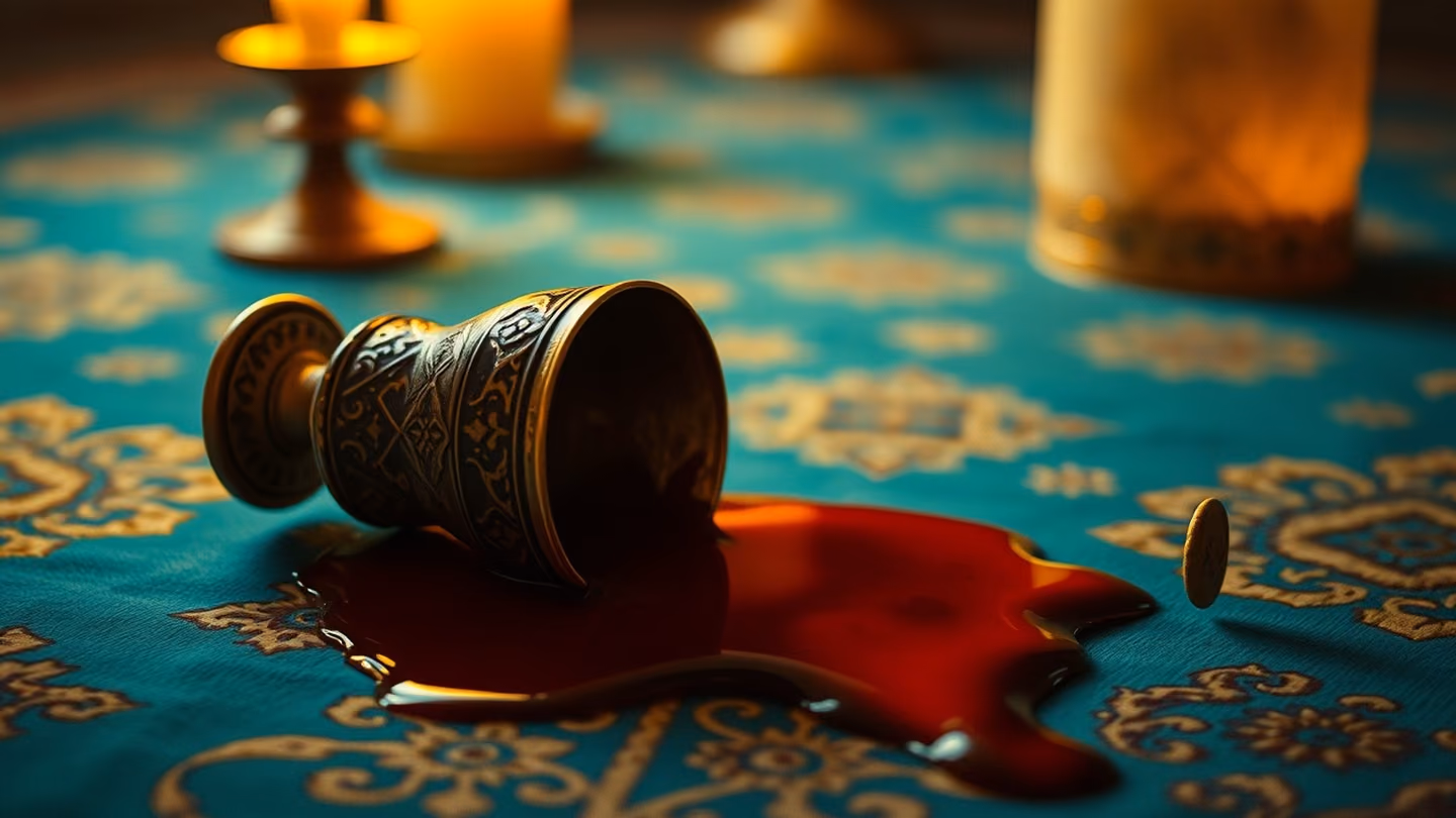 A shattered ceramic wine goblet lying on an ornate turquoise carpet, with spilled crimson liquid reflecting intricate patterns, soft golden candlelight.