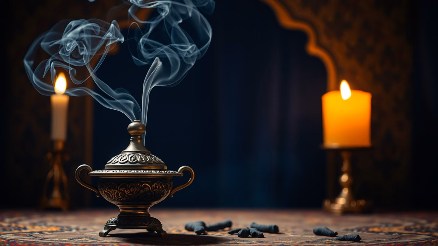 Burning frankincense in an antique silver burner, thick swirls of aromatic smoke rising against a dark, velvet-curtained background.