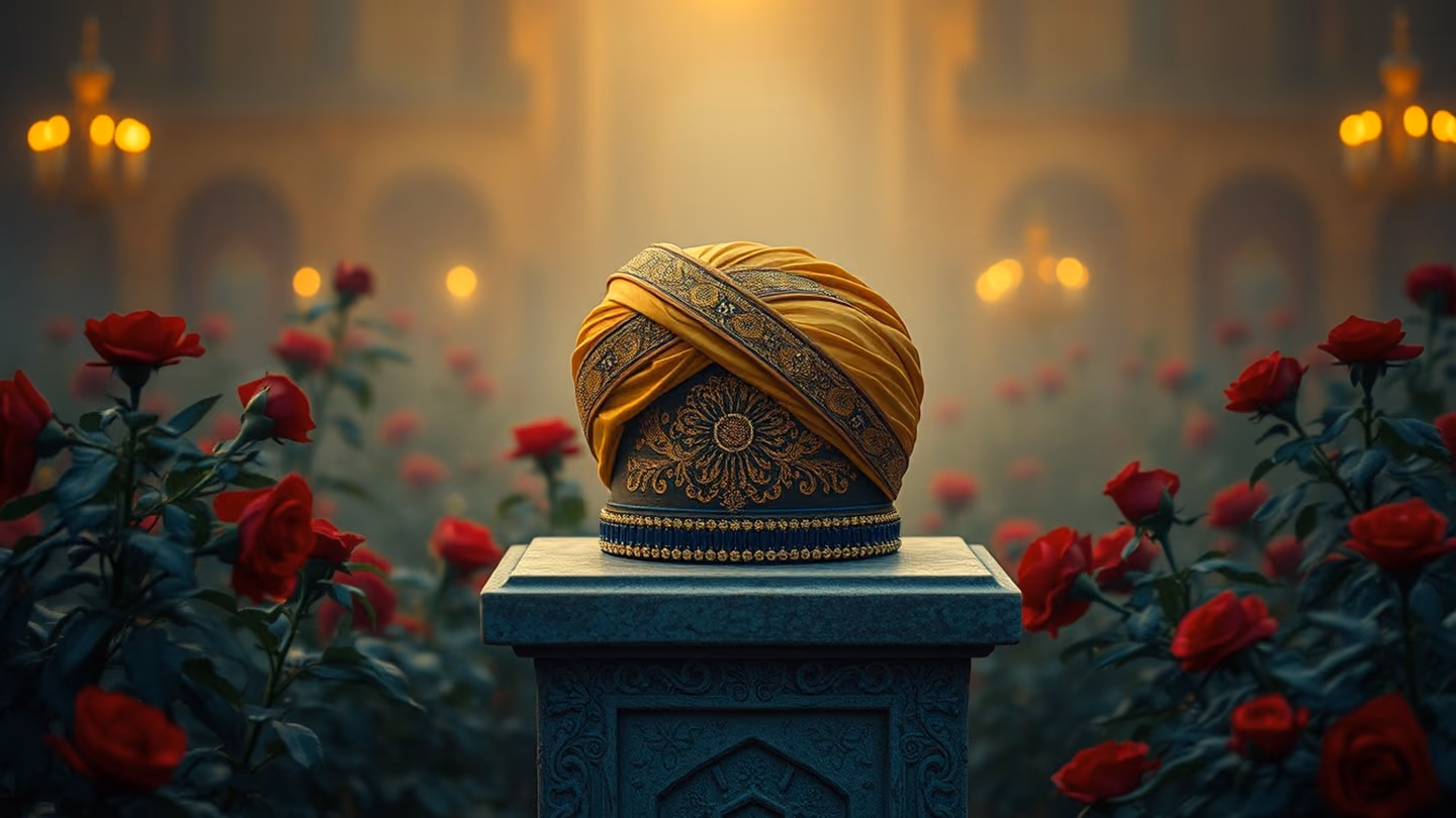 A golden turban placed neatly on a stone pedestal amidst a garden of wilting red roses, soft evening haze.