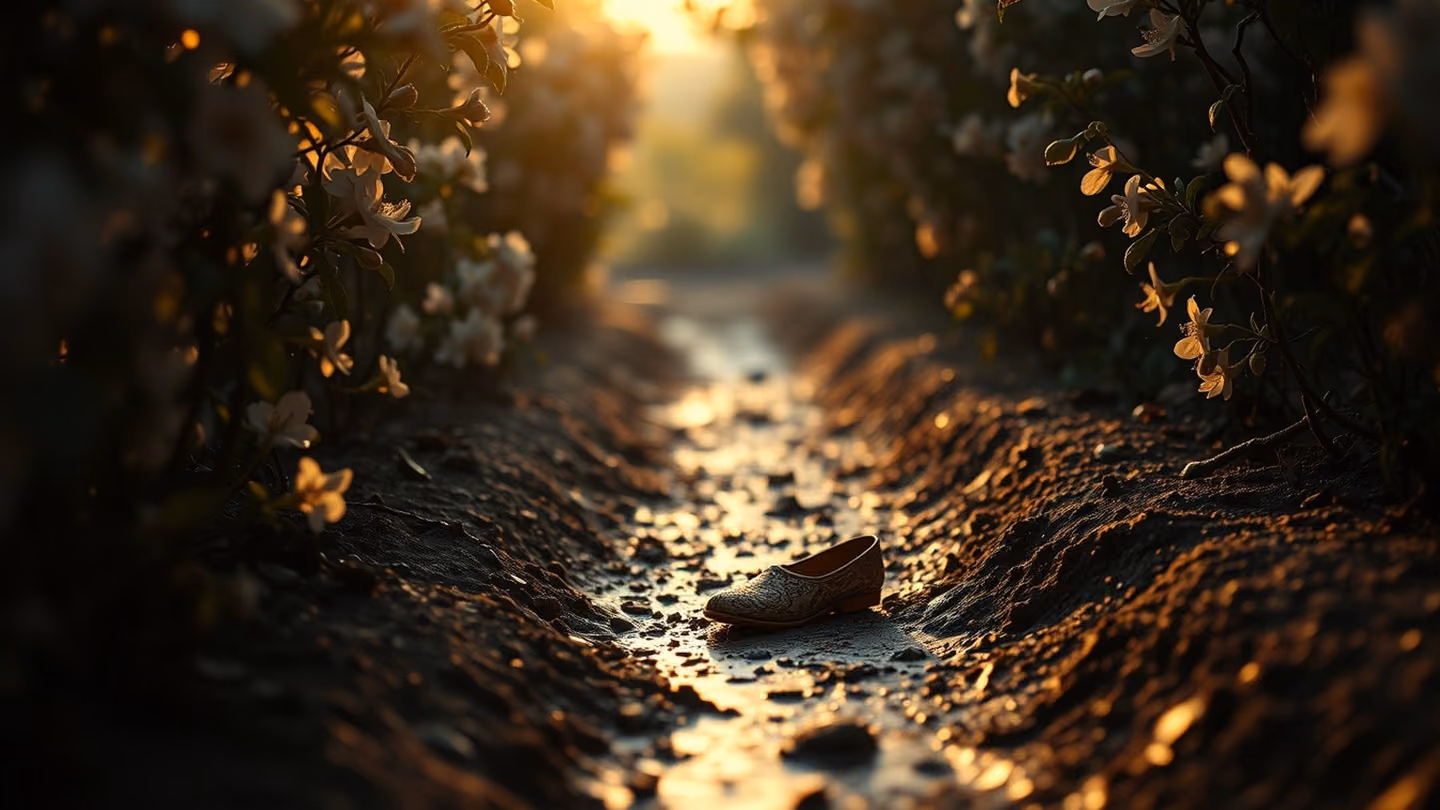 A muddy garden path where a single ornate slipper is caught in the earth, framed by blooming jasmine, cinematic side-lighting.