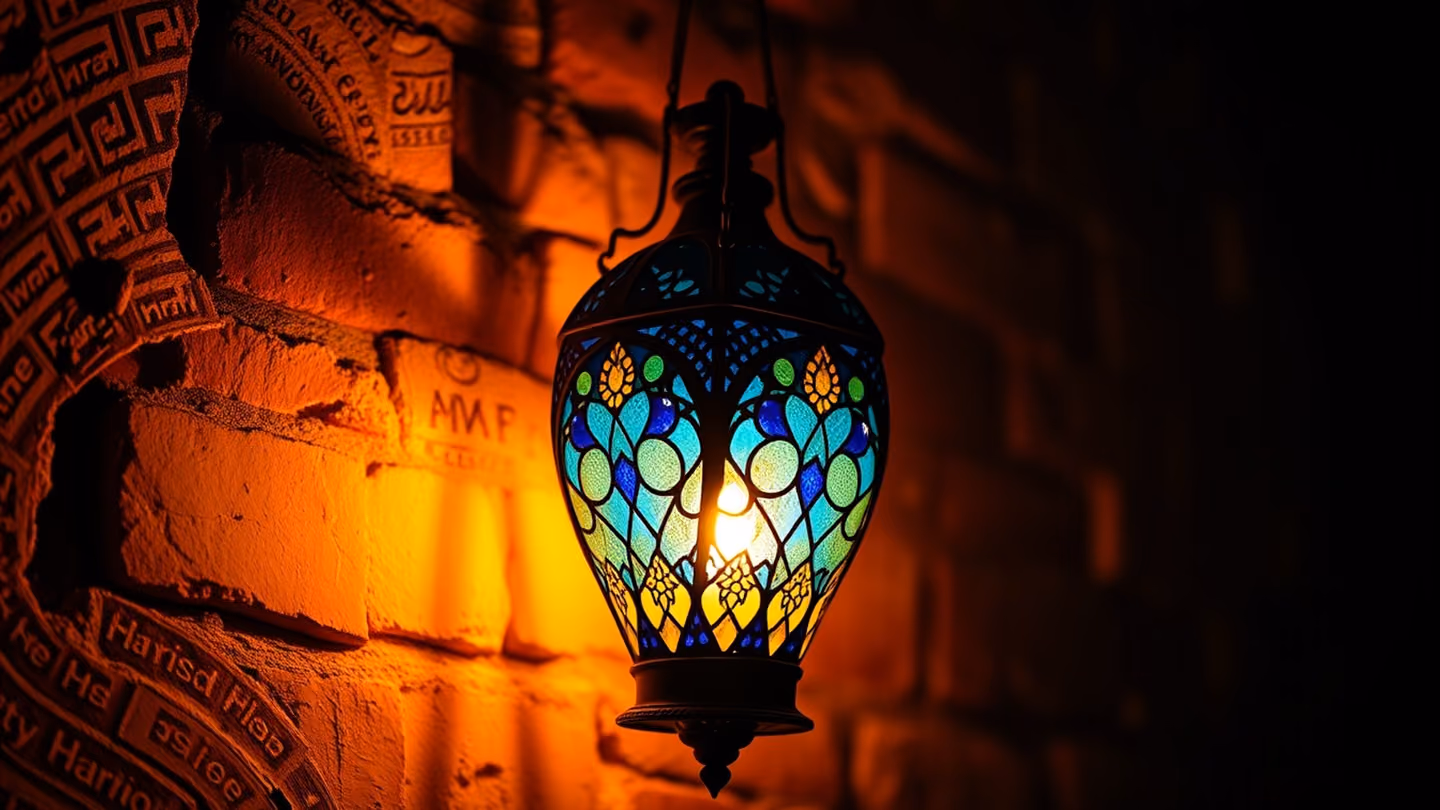 A close-up of a heart-shaped lantern made of stained glass, flickering with a flame that casts long, dramatic shadows on an ancient brick wall.