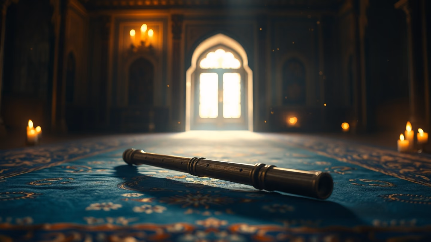 A solitary hollow reed flute resting on an ancient silk carpet inside a dim, candlelit chamber, golden dust motes dancing in the light.