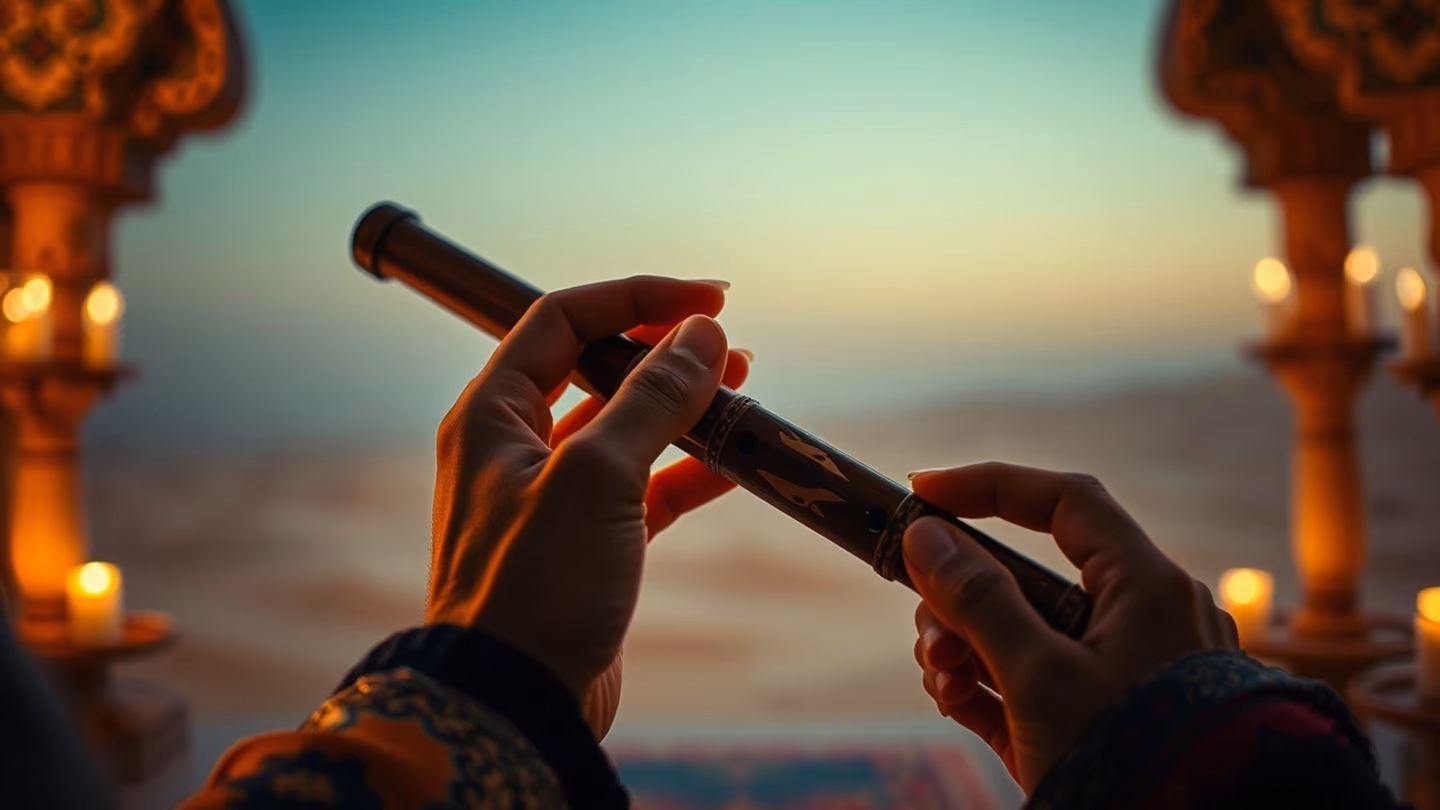 A person's hands holding a carved wooden flute, close-up, warm amber light illuminating the wood grain, soft focus background of a desert horizon.