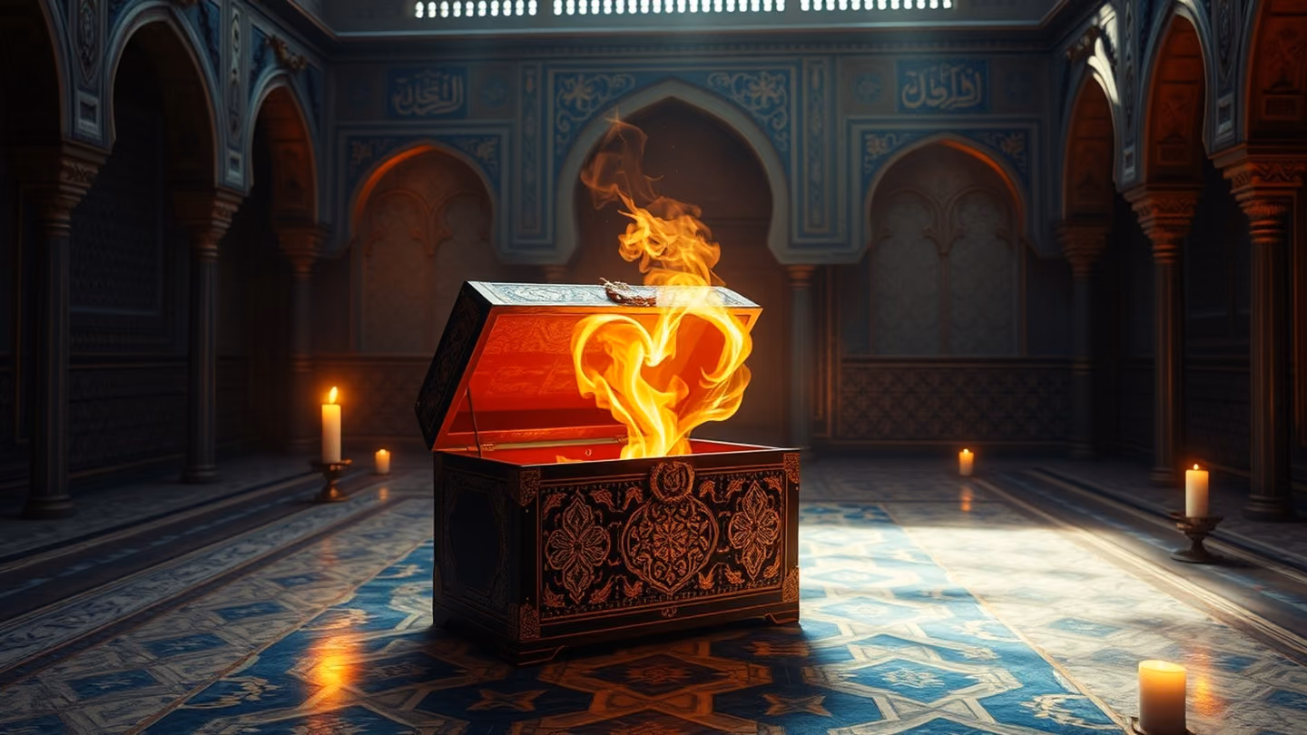 A chest split open, glowing with an inner ethereal fire, symbolizing the heart longing for union, set in a courtyard with intricate geometric tilework.