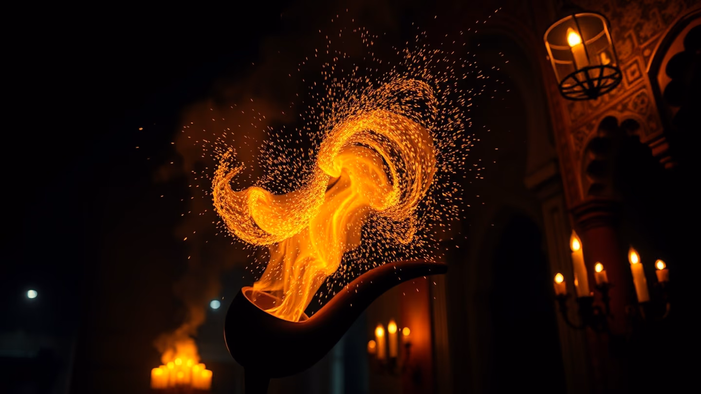 A whirlwind of embers and golden sparks rising from a pipe, swirling into the night sky, deep contrast, cinematic composition.