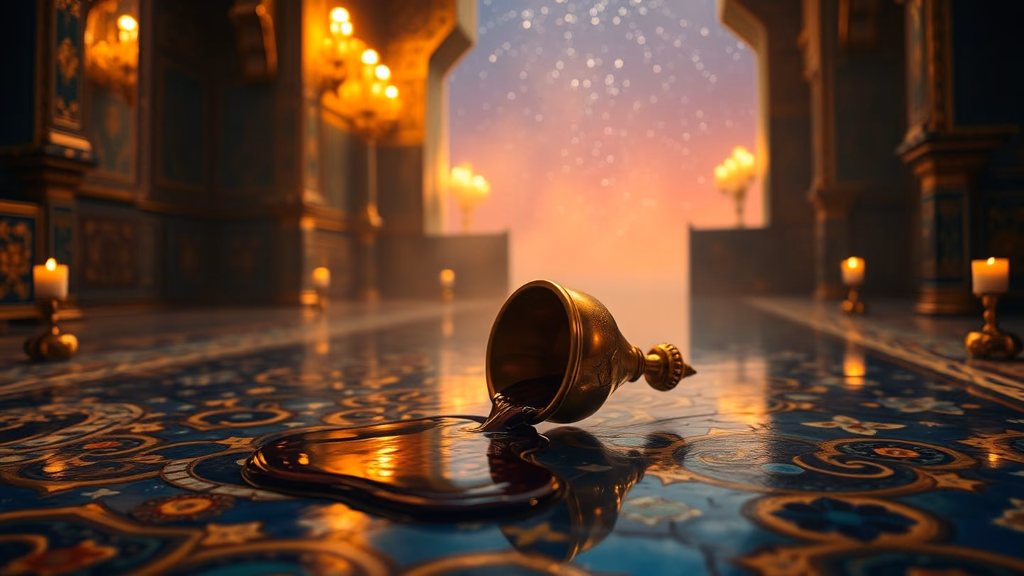 A golden goblet of wine spilling on a mosaic floor, the liquid reflecting a starry sky, vibrant Persian patterns, dreamlike quality.