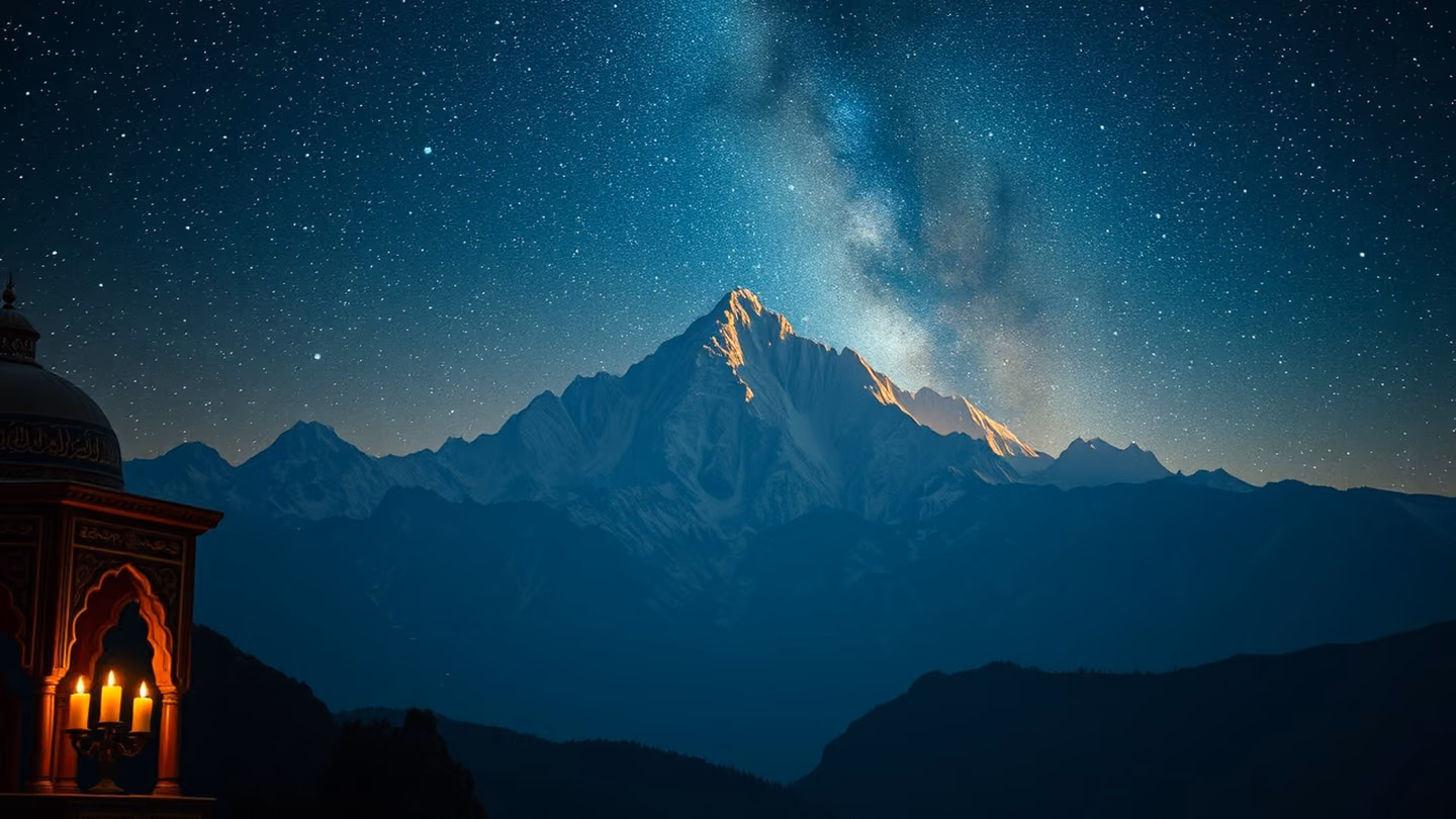 A mountain range under a celestial tapestry of stars, the peaks appearing to dance through distorted light, mystical and grand scale.