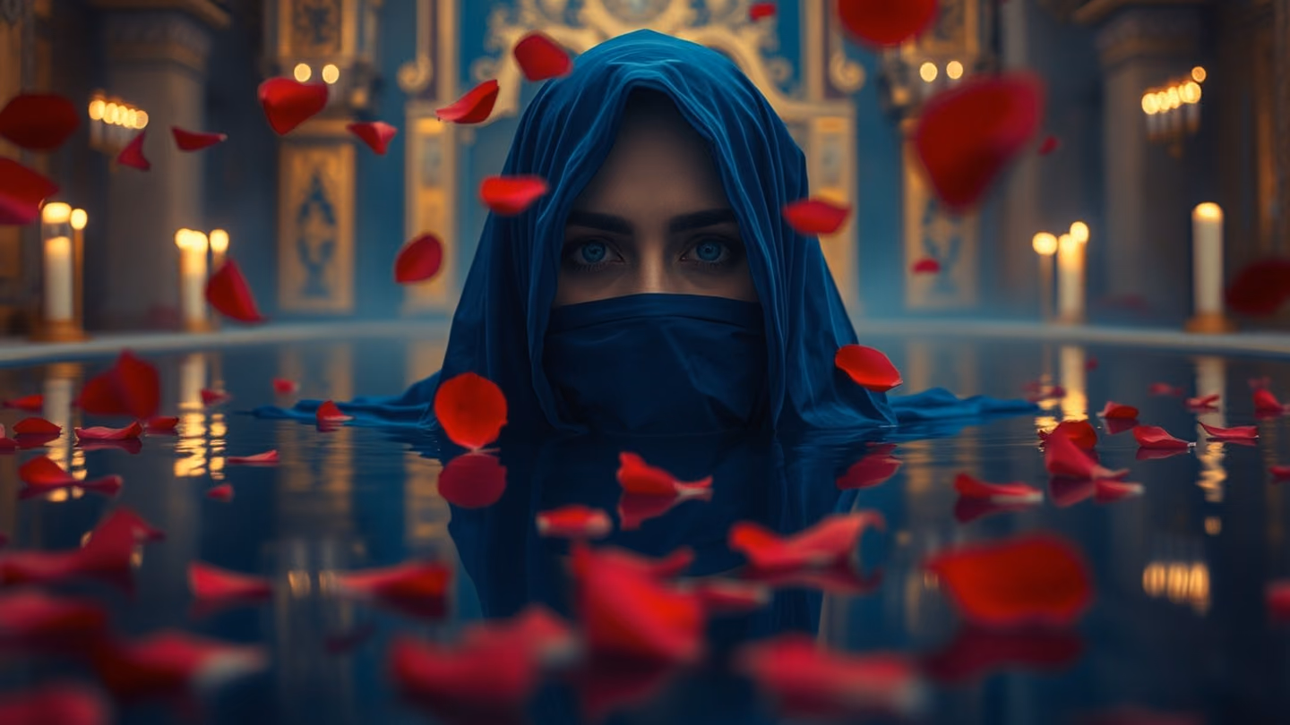 A reflection of a veiled face in a pool of water, surrounded by falling red rose petals, soft focus, midnight blue color scheme.