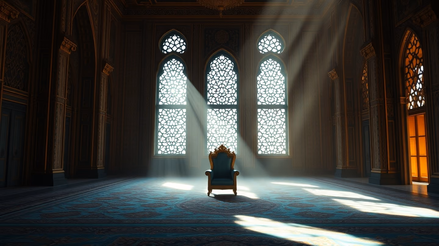 A single empty throne in a vast, ornate hall, sunlight streaming through a lattice window, dust particles suspended in light beams, peace and silence.