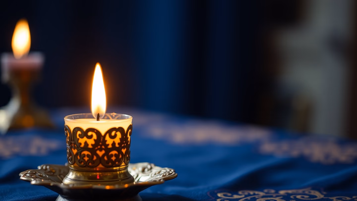 Close-up of a single ornate candle burning in an antique brass holder, wax dripping onto a deep blue silk tablecloth, soft bokeh background.