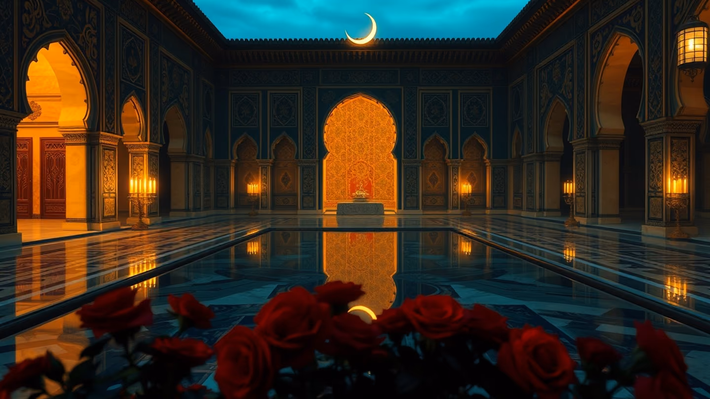An intricate courtyard of a Persian palace at twilight, reflection of a crescent moon in a still marble pool, surrounded by blooming red roses.