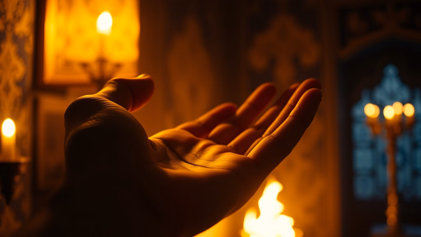 A hand reaching out into the darkness, illuminated by the warm golden glow of a hidden fire, cinematic lighting, sharp focus on skin texture.