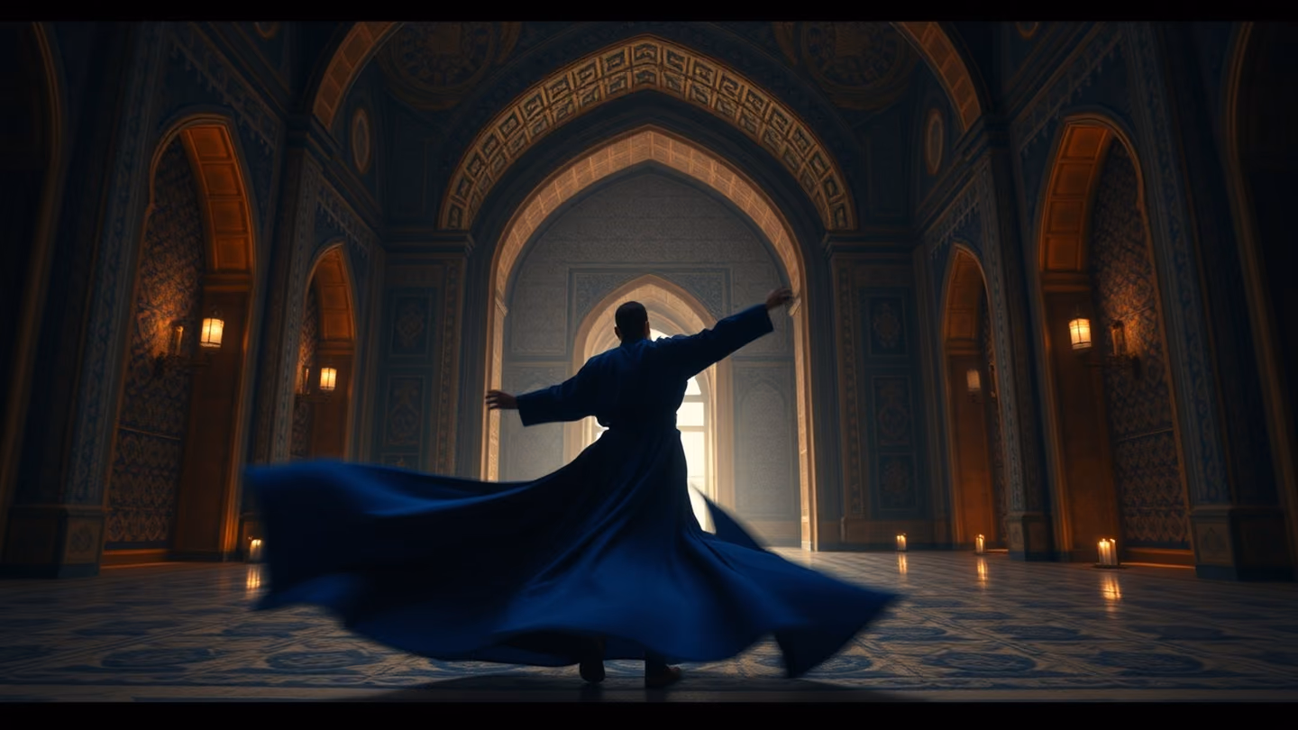 A Dervish in a flowing indigo robe spinning slowly in a grand, arched hall decorated with complex geometric tile work, motion blur on the edges.