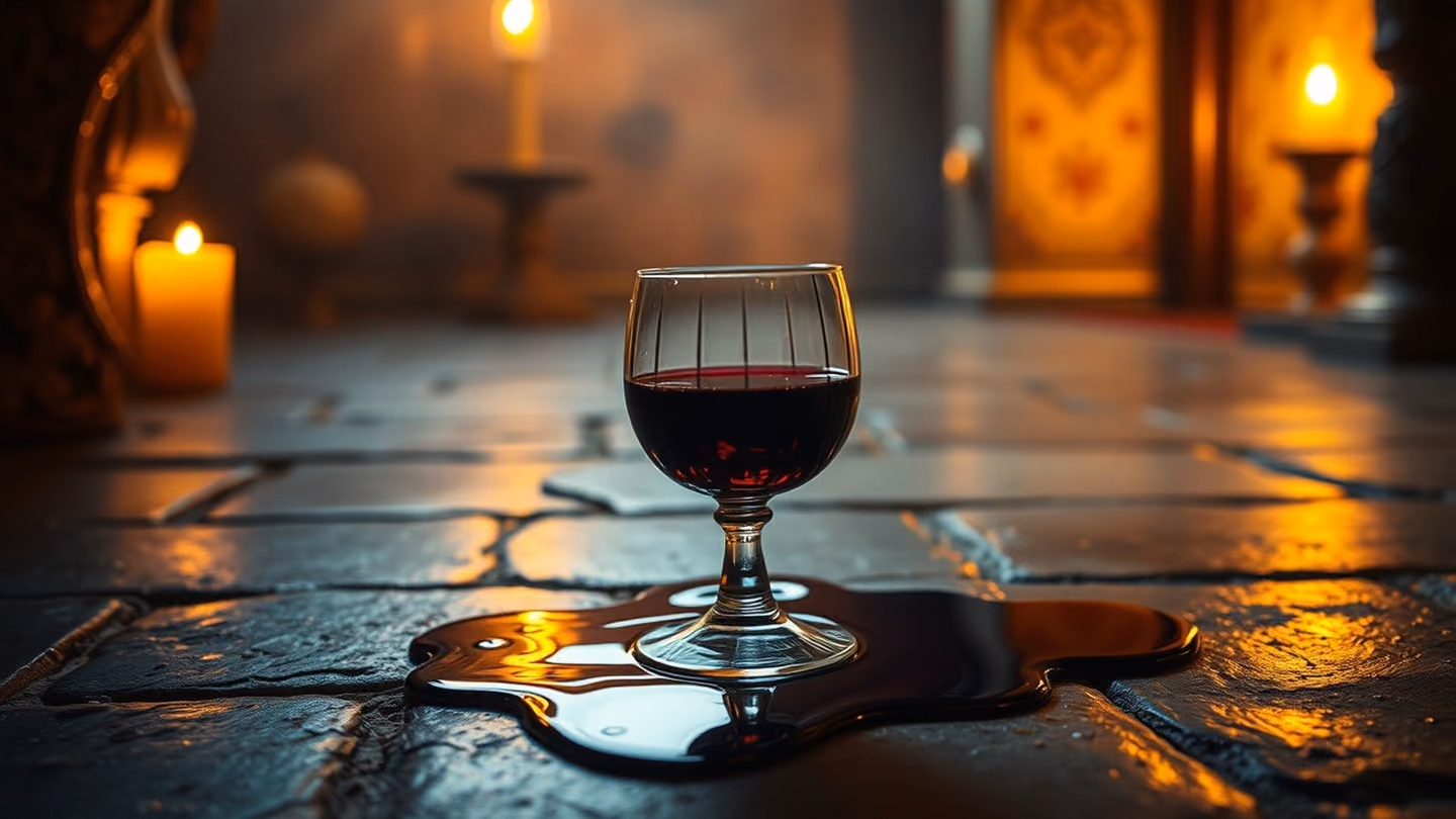 A spilled crystal goblet of dark red wine on a weathered stone floor, the liquid forming an abstract pattern, glowing under amber candlelight.