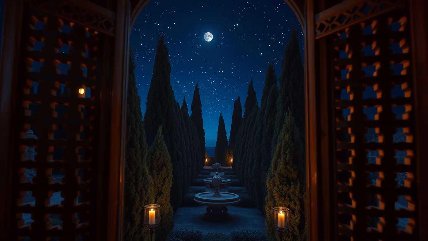 A view through a wooden latticework window (mashrabiya) looking out onto a dark, cypress-lined garden under a starry night sky.