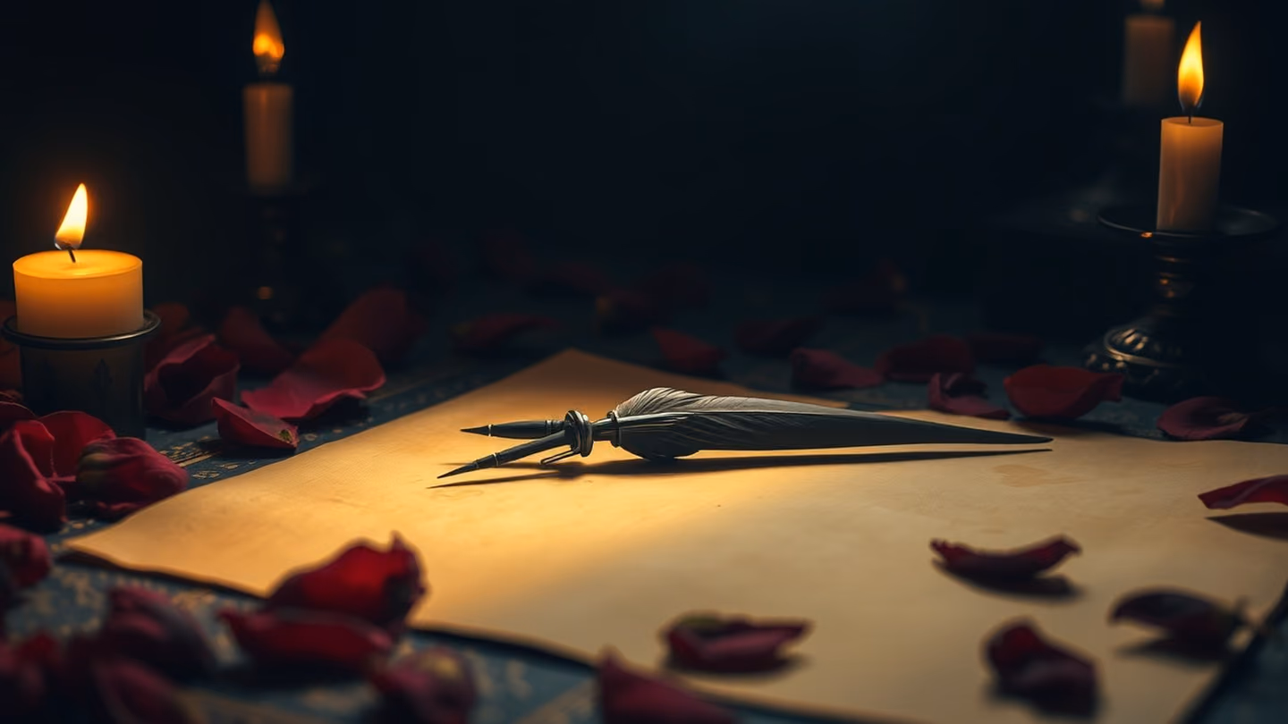 A weathered quill resting on a blank, yellowed parchment, surrounded by scattered rose petals, dramatic chiaroscuro lighting.