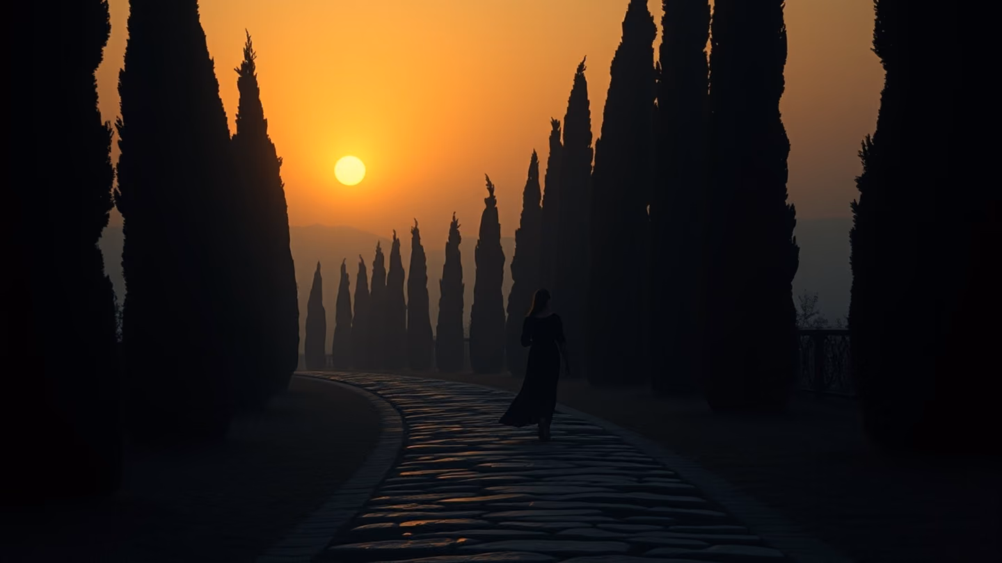 The silhouette of a lover walking away down a long, winding stone path flanked by tall, dark cypress trees, fading into a hazy, dreamlike horizon.